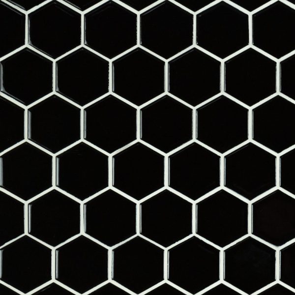 Black Glossy 2” Hexagon Mosaic Tile  